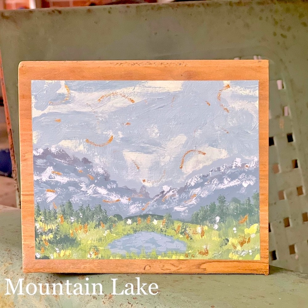 Blue Mountain Lake original art | Acrylic on wood painting, shelf decor, small